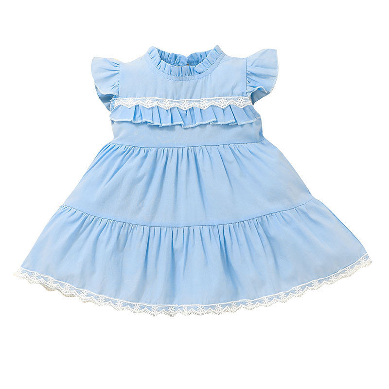Baby Girl Flying Sleeve Lace Trim Blue Dress Baby Summer Dress